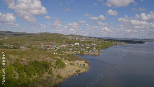 Wallpaper Mural Aerial Scenic View Of Houses On Green Hills, Drone Flying Backwards Over River - Saint Mary's, Alaska Torontodigital.ca