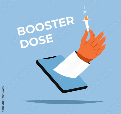Booster injection to increase immunity or COVID-19 vaccine booster dose concept. Third booster shots vaccine . Illustrator vector of Syringe with vaccine and doctor hand from online service.
