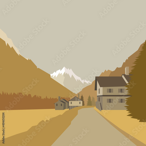 Mountain village background, vector illustration