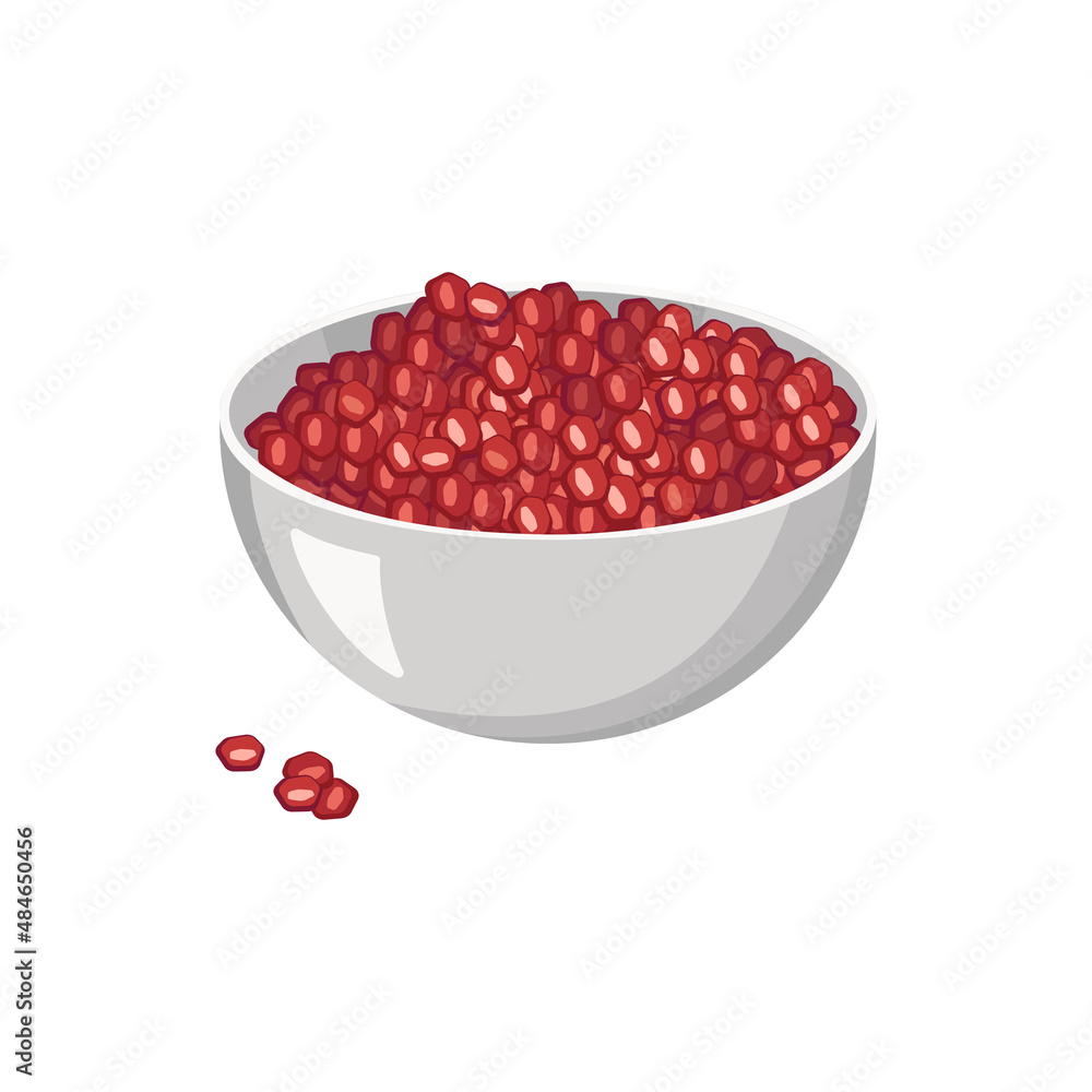 Bowl with peeled pomegranate seeds. Useful fruits for proper nutrition. Sweet food for diet. Vector flat illustration Bowl with peeled pomegranate seeds. Useful fruits for proper nutrition. Sweet food for diet. Vector flat illustration