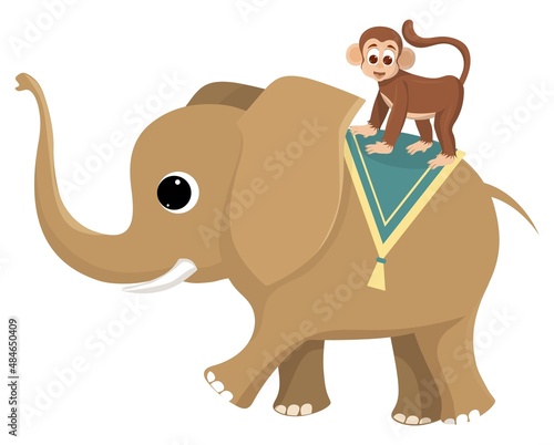 baby elephant and the monkey are performing in the circus.