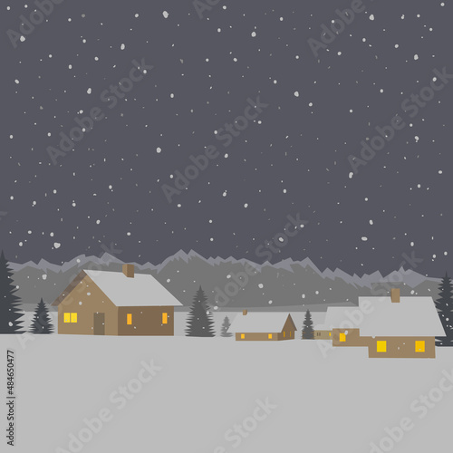 Winter mountain village background, vector illustration