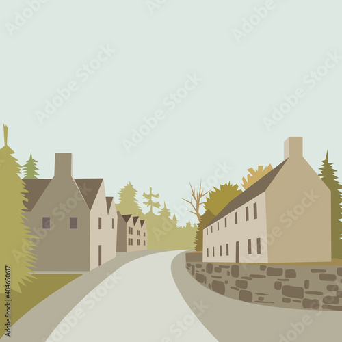 Mountain village background. Spring landscape, vector illustration