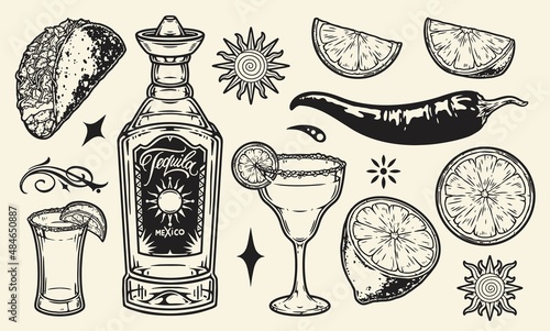 Tequila monochrome vintage icon set