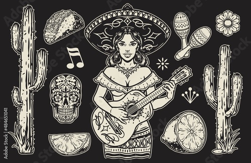 Monochrome vintage set with woman in sombrero