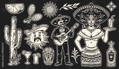 Monochrome collection of mexican festive elements