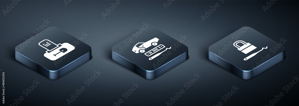 Set Isometric Grave with tombstone, Lock picks for lock picking and Car theft icon. Vector Set Isometric Grave with tombstone, Lock picks for lock picking and Car theft icon. Vector