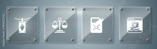Set Internet piracy, Canister fuel, Scales of justice and Money laundering. Square glass panels. Vector