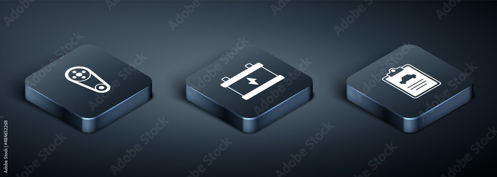 Set Isometric Timing belt kit, Car inspection and battery icon. Vector Set Isometric Timing belt kit, Car inspection and battery icon. Vector