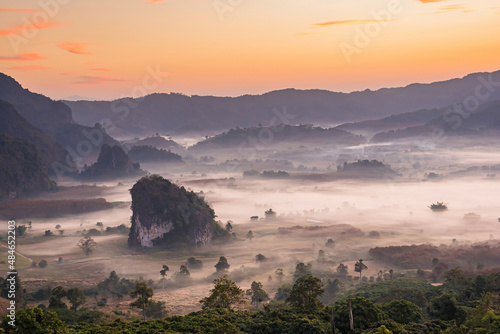 Sunrise and The Mist with Mountain Background , Landscape at Phu Langka, Payao Province, Thailand.