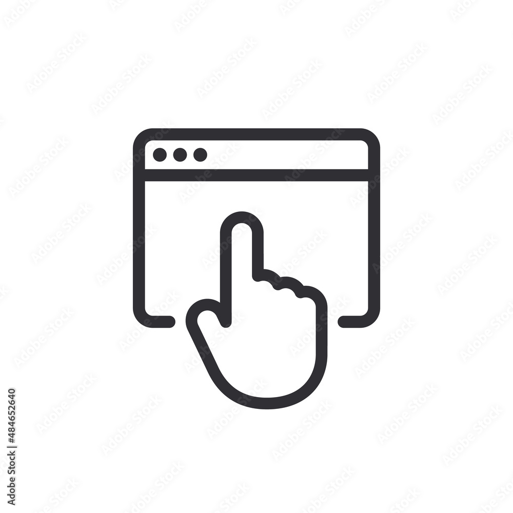 Web page. Online icon. Internet icon. Web sign. Browser icon. Swipe icon.  Web site. Search page. Homepage. Start page. Global network. Web pointer.  Link button. Hand mouse cursor. Forefinger. Cursor Stock Vector