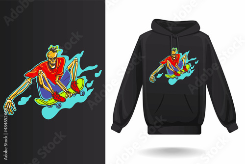 T shirt design vector art, Hoodies design skeleton skateboard raider  mockup template  