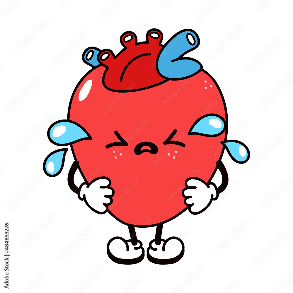 Cute funny crying sad heart character. Vector hand drawn traditional cartoon vintage, retro, kawaii character illustration icon. Isolated on white background. Cry heart character concept