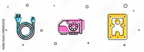 Set Electric plug, Video graphic card and Hard disk drive HDD icon. Vector