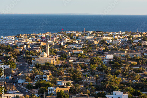 Aerial view of Dahab town and a mosque from the mountain nearby, South Sinai, Egypt