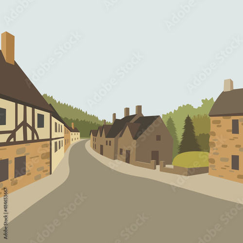 Mountain village background. Spring landscape, vector illustration