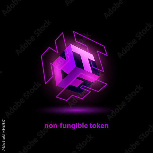 Neon purple NFT text icon. NFT Abbreviation on the faces of a 3D cube with laser projection.