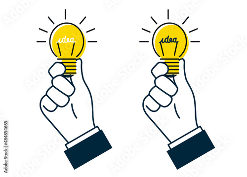 Icône ou pictogramme représentant une main tenant une ampoule qui s'allume. Symbole d'une idée ou du génie grâce à la lumière. Le mot idée est écrit avec le filament 