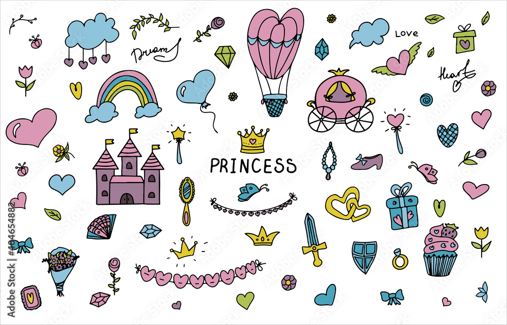 Set Vector Illustration Hand-Drawn Sketchy Fairy Tale Princess Tiara Crown Doodle Design Elements Set Vector Illustration. Cliparts for invitation, ad, book