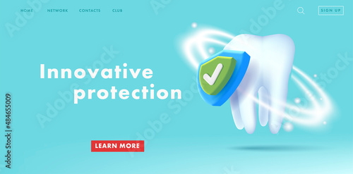 Web banner with 3d illustration of a Healthy tooth and protective shield, anti-caries protection concept
