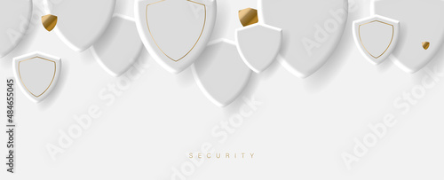 White background with white and golden 3d security shields shape and place for your content below