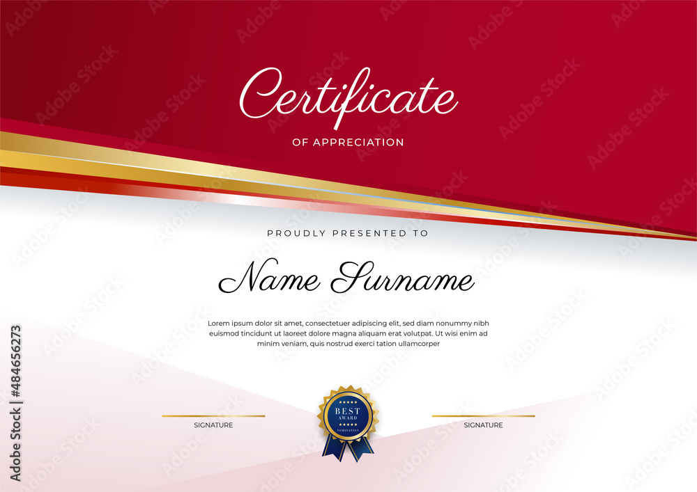 Luxury certificate of appreciation template with red and gold color ...
