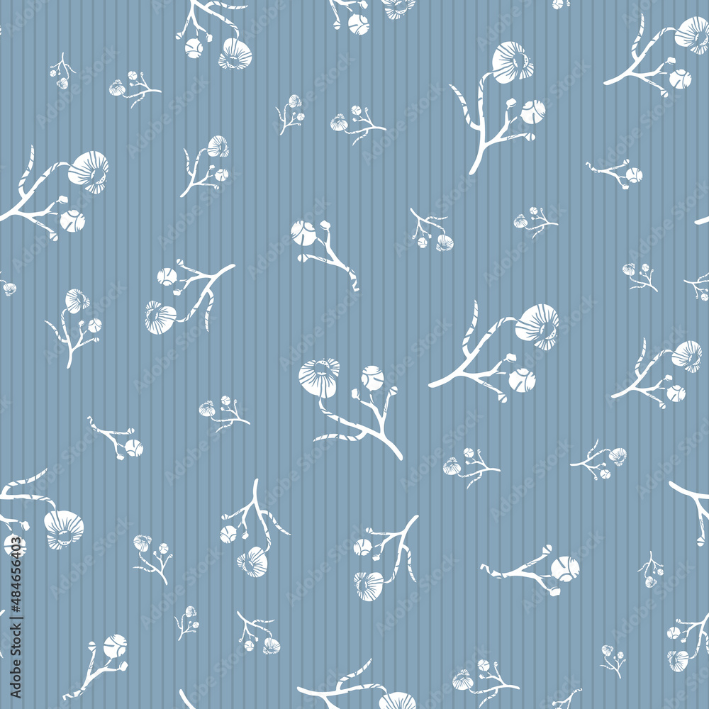 Modern abstract wild meadow flower seamless vector pattern background. Faux lino print Delft blue white backdrop with scattered flowers, stems and leaves. Botanical floral repeat for wellness, garden Modern abstract wild meadow flower seamless vector pattern background. Faux lino print Delft blue white backdrop with scattered flowers, stems and leaves. Botanical floral repeat for wellness, garden