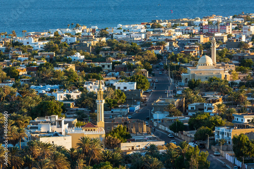 Aerial view of Dahab town and a mosque from the mountain nearby, South Sinai, Egypt photo