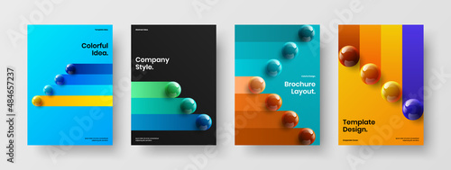 Bright corporate brochure vector design layout collection. Trendy realistic spheres postcard illustration bundle.