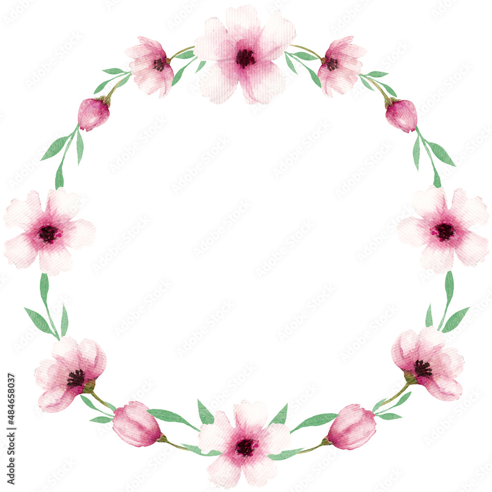 Delicate wreath with watercolor pink flowers, leaves on a white background. For greeting, women's day, mother's day etc.