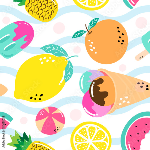Seamless pattern fruits, Ice-cream and ball in summer festival
