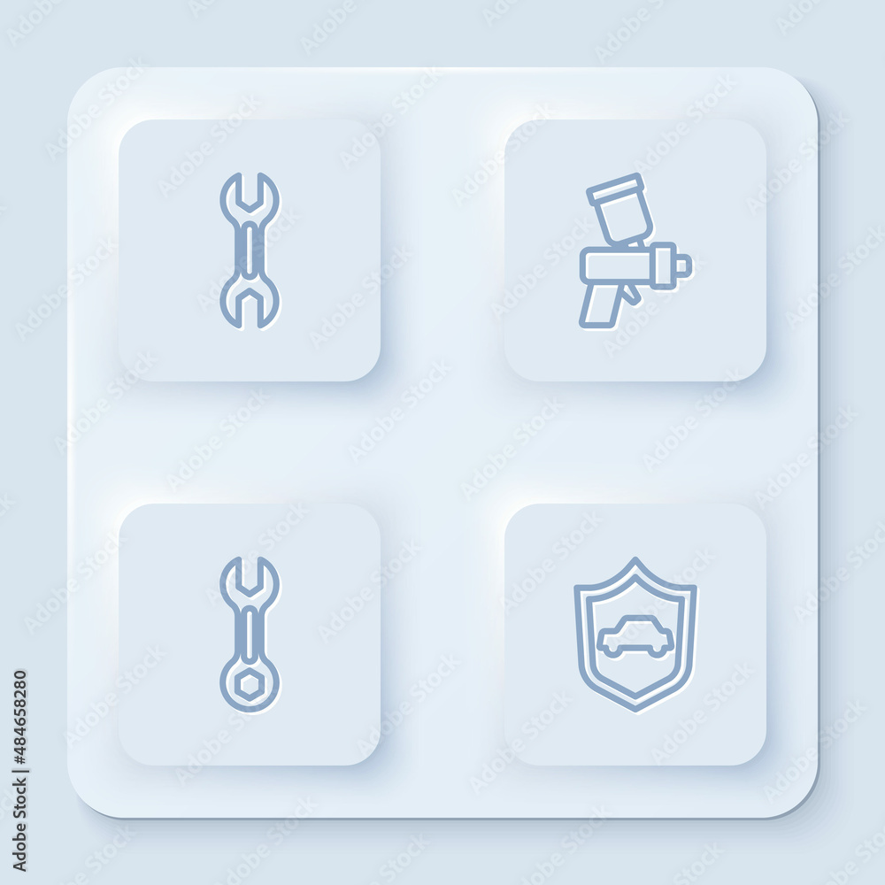 Set line Wrench spanner, Paint spray gun, and Car with shield. White square button. Vector Set line Wrench spanner, Paint spray gun, and Car with shield. White square button. Vector