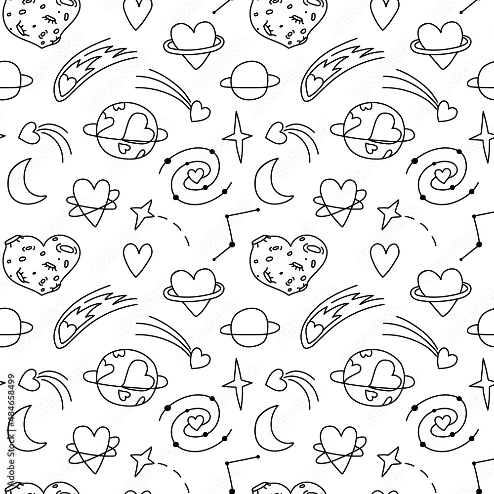 Seamless doodle pattern with cosmic hearts. Background with astronomical contour drawings of stars, love, planets, galaxies. Creative romantic print with minimalistic drawings Seamless doodle pattern with cosmic hearts. Background with astronomical contour drawings of stars, love, planets, galaxies. Creative romantic print with minimalistic drawings