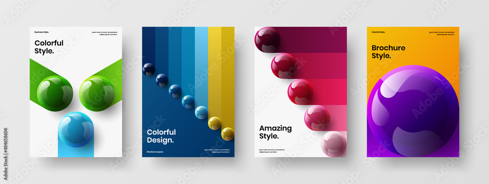 Trendy pamphlet design vector template collection. Fresh 3D spheres booklet layout set.