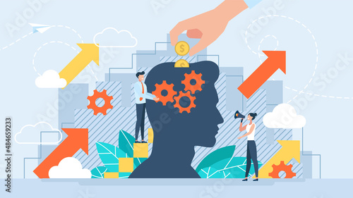 Improving performance. Contribution to development. Metaphor of investing in a person. The concept of investing in man. Improving the level of knowledge through training. Flat illustration. Vector. 