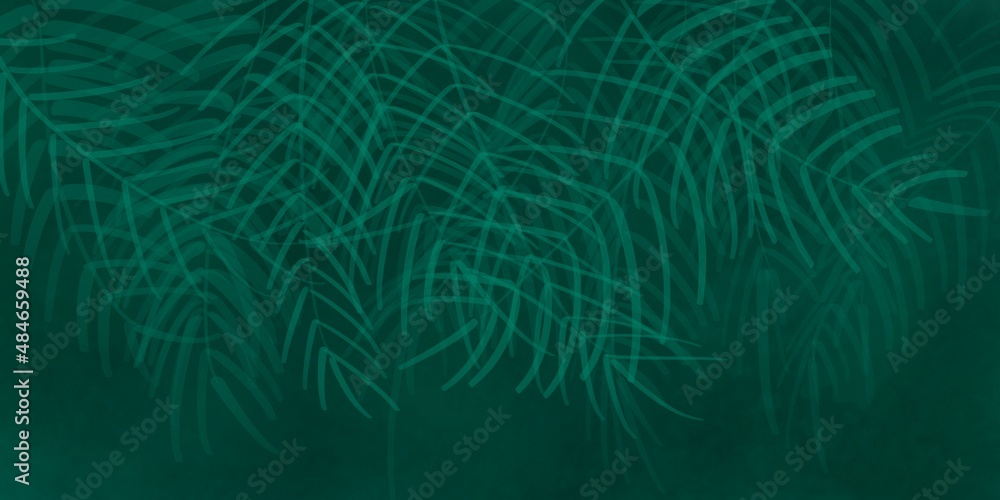 Palm leaves, palm branches, tropical leaves. Abstract watercolor paint background grunge texture. Interior Wallpaper. Mural for the walls, fresco for the room, interior grunge style