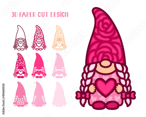 Valentines Day. 3D layered gnome girl with heart and hair bow . Love symbols. Paper,laser cut template. For postcard, window, gift, wall decoration, sublimation. Vector illustration isolated on white.