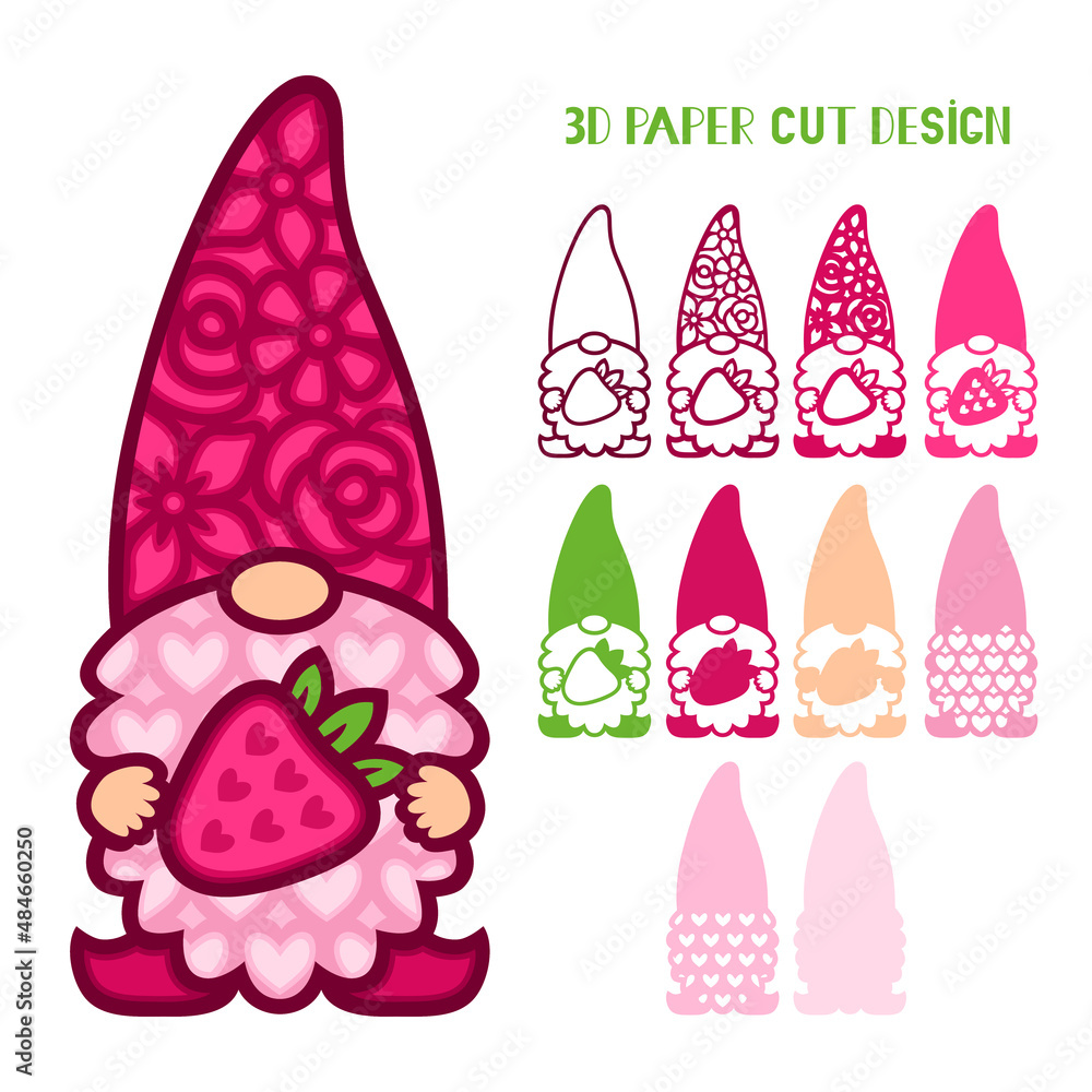 3D layered valentines gnome with strawberry. Love symbols. Paper,laser cut template. For postcard, window, gift, wall decorations, sublimation. Vector illustration isolated on white.