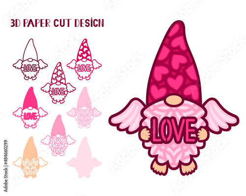3D layered gnome with wings. Valentines Day. Love symbols. Paper,laser cut template. For postcard, window, gift, wall decorations, sublimation. Vector illustration isolated on white.
