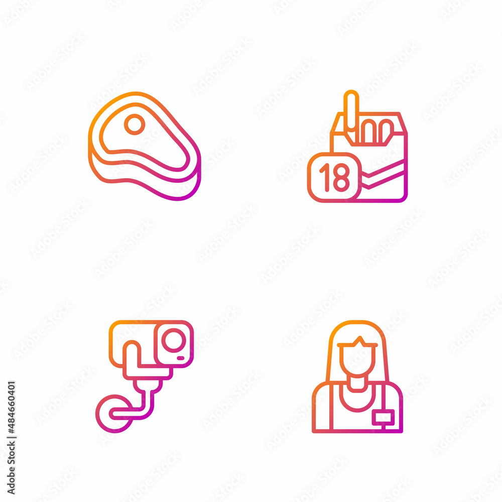 Set line Seller, Security camera, Steak meat and Cigarettes pack box. Gradient color icons. Vector Set line Seller, Security camera, Steak meat and Cigarettes pack box. Gradient color icons. Vector