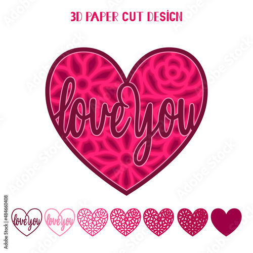 3D layered heart. Valentines Day. Love you phrase. Flower heart. Love symbol. Paper,laser cut template. For postcard,window, gift, wall decorations, sublimation. Vector illustration isolated on white.