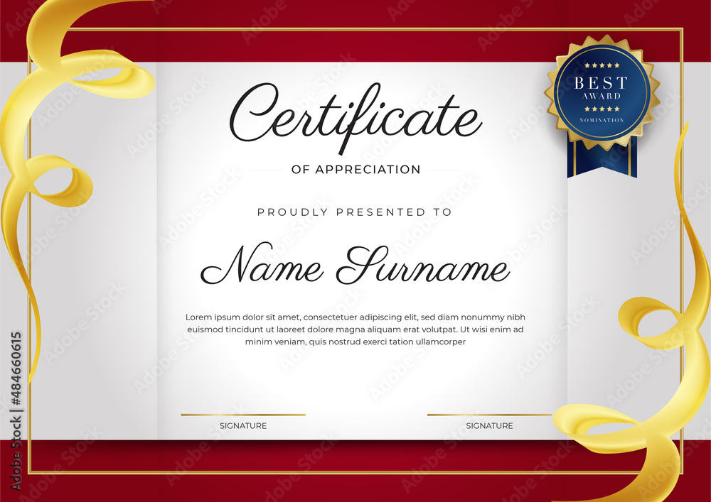 Luxury certificate of appreciation template with red and gold color ...