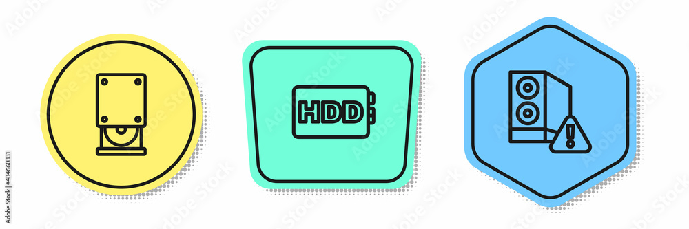 Set line Optical disc drive, Hard disk HDD and Case of computer. Colored shapes. Vector Set line Optical disc drive, Hard disk HDD and Case of computer. Colored shapes. Vector