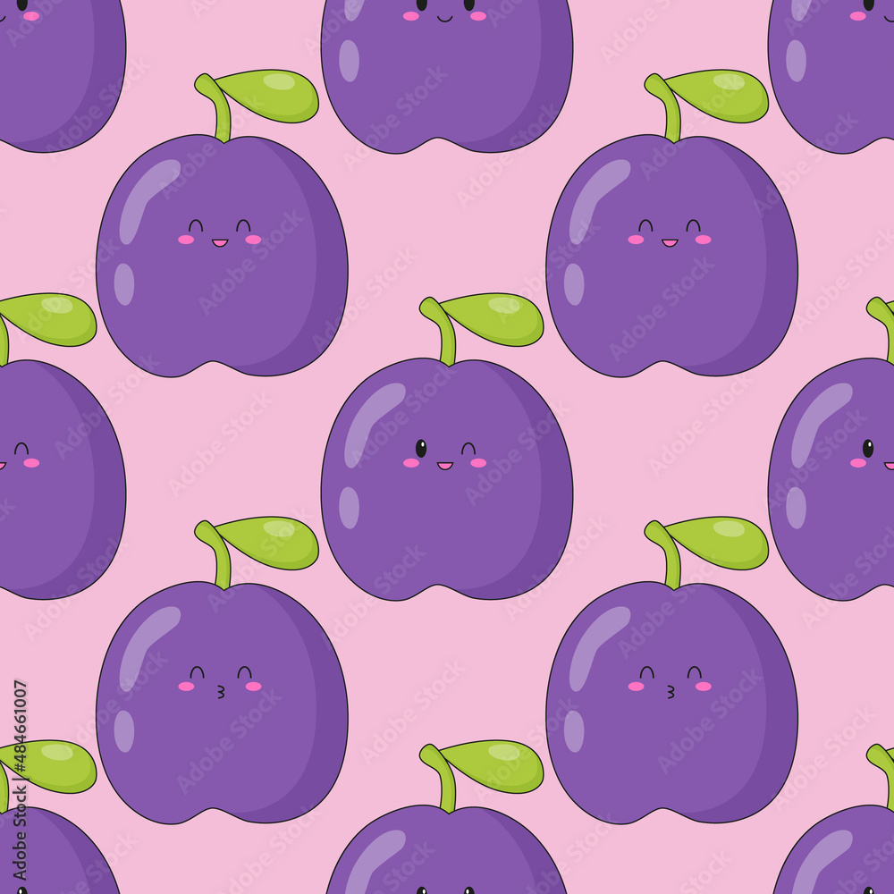 Seamless pattern of cute kawaii plum. Fruit print with different emotions of plum. Seamless pattern of cute kawaii plum. Fruit print with different emotions of plum.