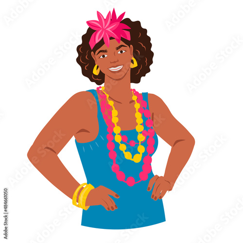 Cuban young woman, portrait of a young Hispanic girl. Cuban ethnic woman cartoon character standing smiling in colorful accessories, flat vector illustration isolated on white background.