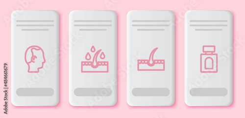 Set line Baldness, Oil for hair care treatment, Human follicle and Aftershave. White rectangle button. Vector