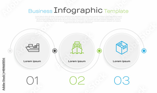 Set line Cargo ship with boxes delivery, and Carton cardboard. Business infographic template. Vector