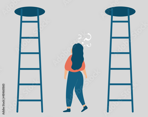 Woman has doubts between two paths. Girl in indecision to make her next step to the stairs that take to an unknown future. Professional opportunities, difficult life choice, decision making concept.
