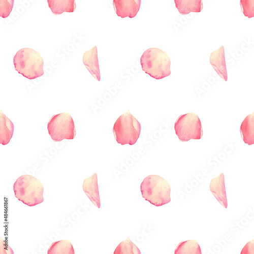 Seamless pink rose petals pattern. Watercolor floral background with delicate rose. Botanical illustration for fabric, wedding decor, souvenirs