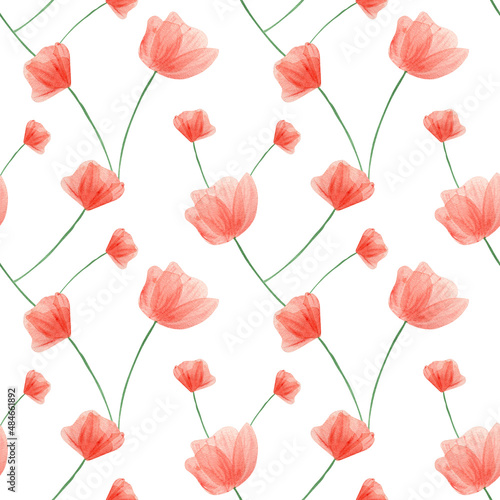 Seamless poppies pattern. Watercolor floral background with poppy flowers. Botanical illustration for fabric  wrapping paper